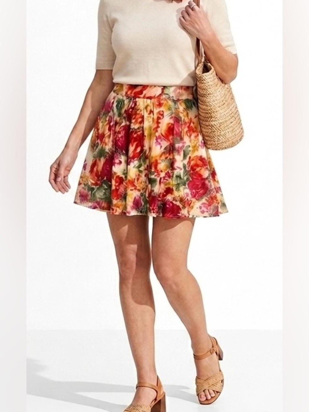 Floral Cream Circle Skater Skirt with Red & Green Accents